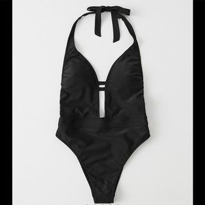 Black Halter Plunge One Piece Swimsuit